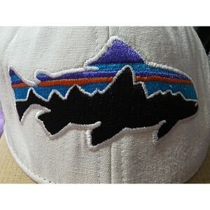 Patagonia Fitz Roy Trout Trucker Hat White Tan NetPlus Fish Snapback Cap flawed